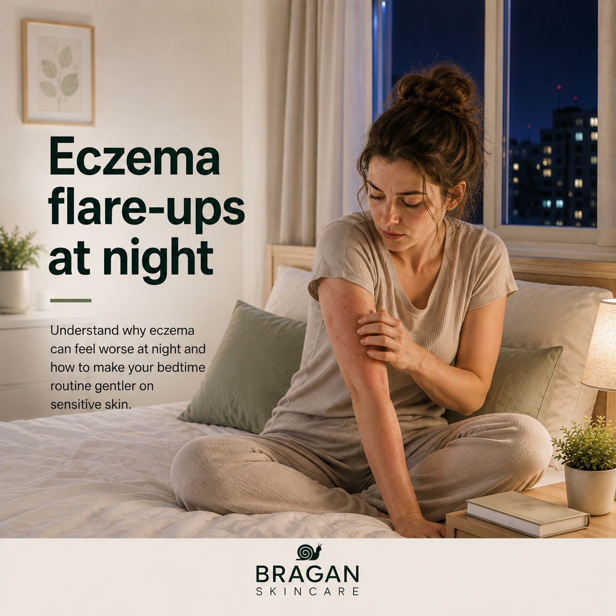 Woman sitting awake in bed at night with visible eczema irritation on her arm, gently touching the affected skin in a softly lit bedroom.
