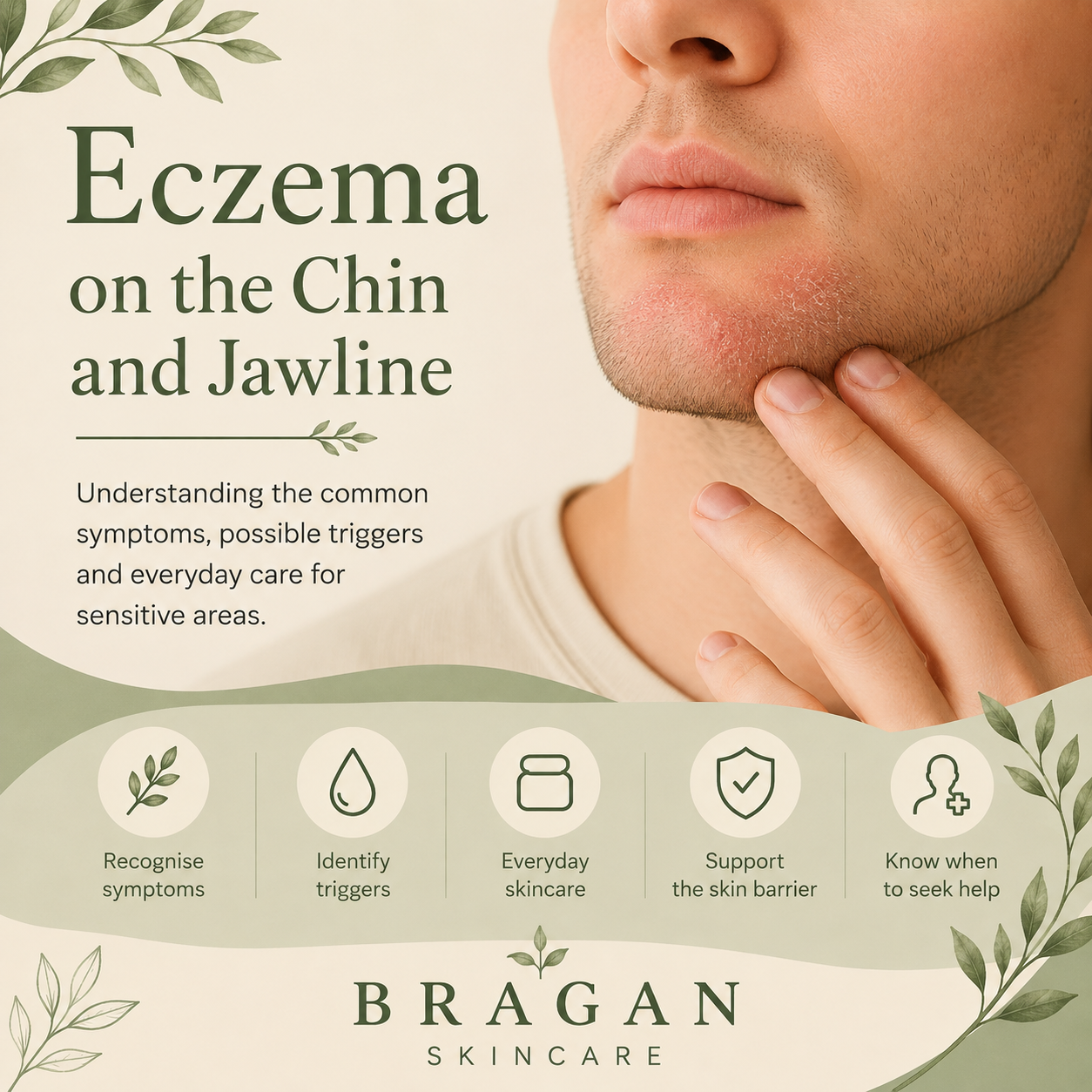 Infographic showing eczema affecting the chin and jawline, including common symptoms, possible triggers, simple everyday skincare tips and ways to support the skin barrier