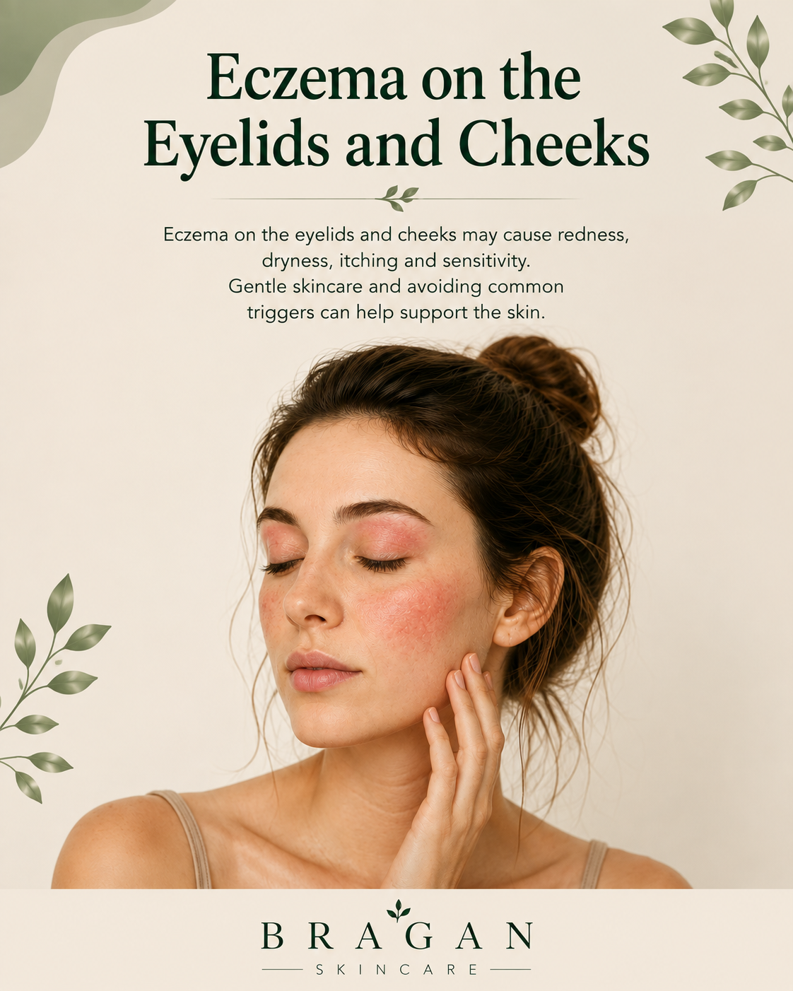 Illustration showing eczema affecting the eyelids and cheeks, highlighting common symptoms such as redness, dryness and irritation, with gentle everyday skincare to help support the skin barrier