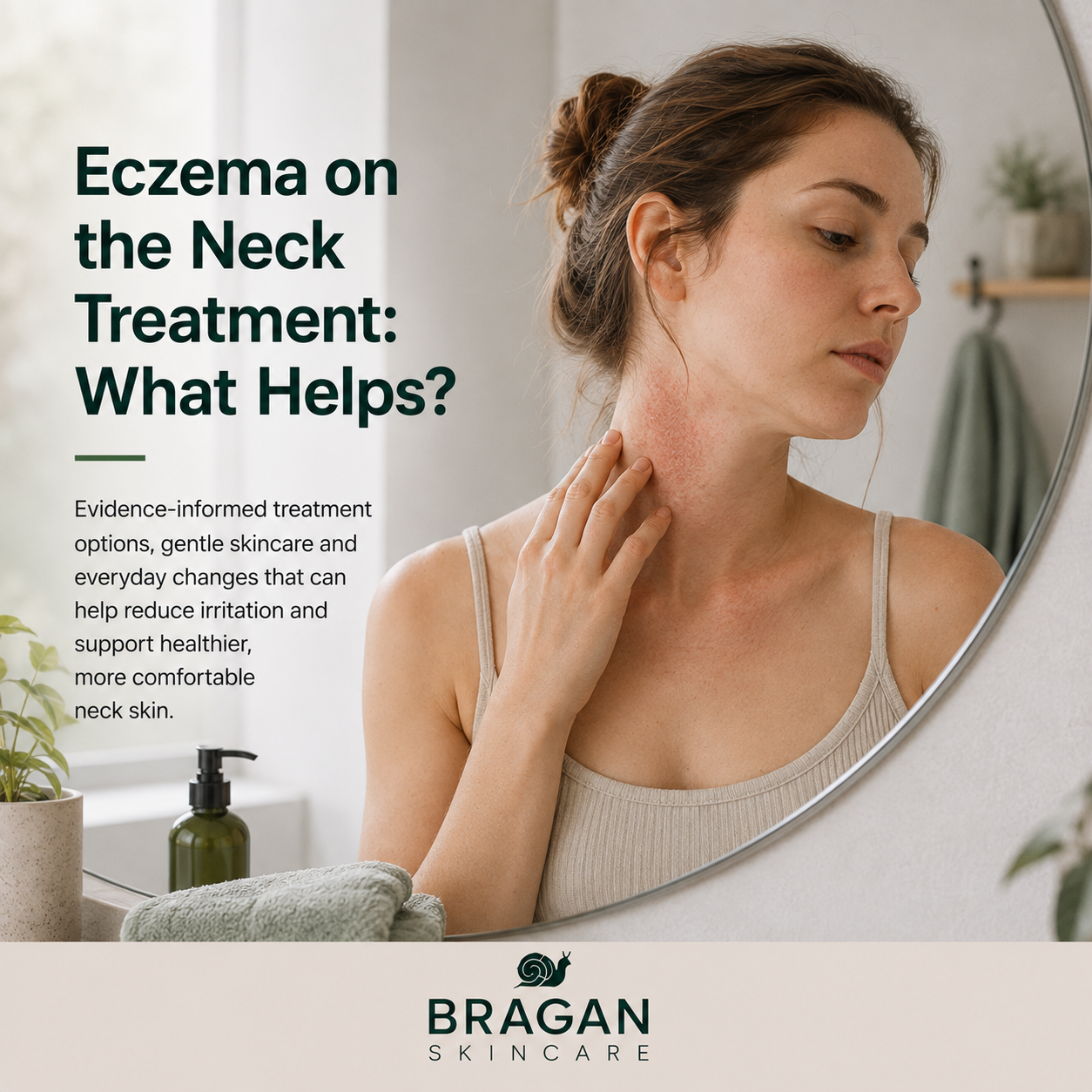 Woman examining visible eczema irritation on the side of her neck in a bathroom mirror, illustrating treatment and gentle care for neck eczema.