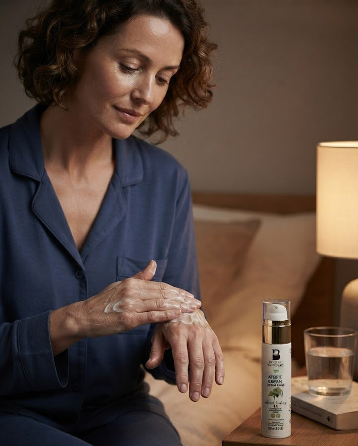 A woman demonstrating the nightly application of Bragan Skincare’s Atopic Cream to support hand hydration and skin barrier recovery while she sleeps