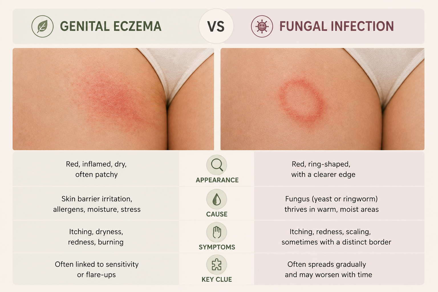 A side-by-side infographic comparing genital eczema and fungal infection, illustrating the typical appearance, common causes, and key visual differences between the two conditions.