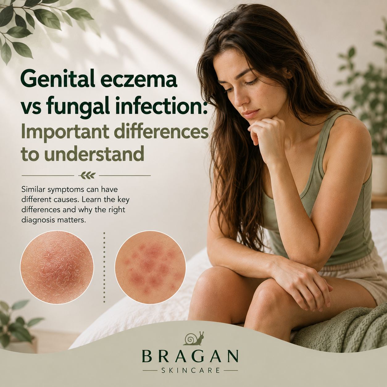 Woman experiencing genital discomfort, illustrating genital eczema vs fungal infection