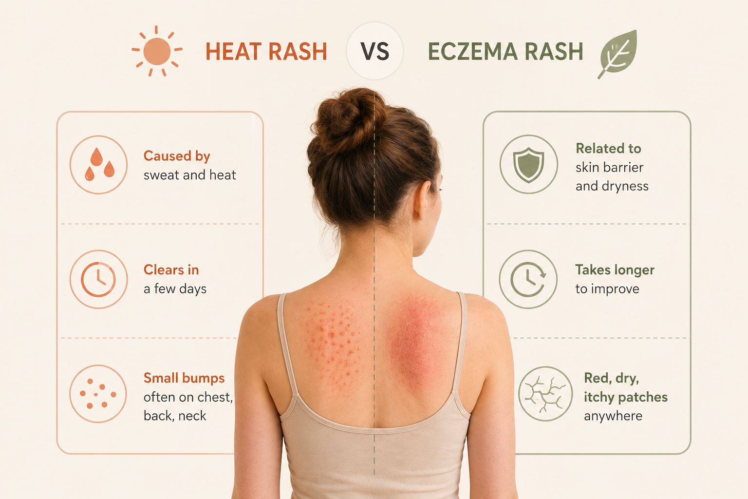 An infographic comparing heat rash and eczema rash on the same area of skin, highlighting the typical appearance, common causes, and key visual differences between the two conditions.
