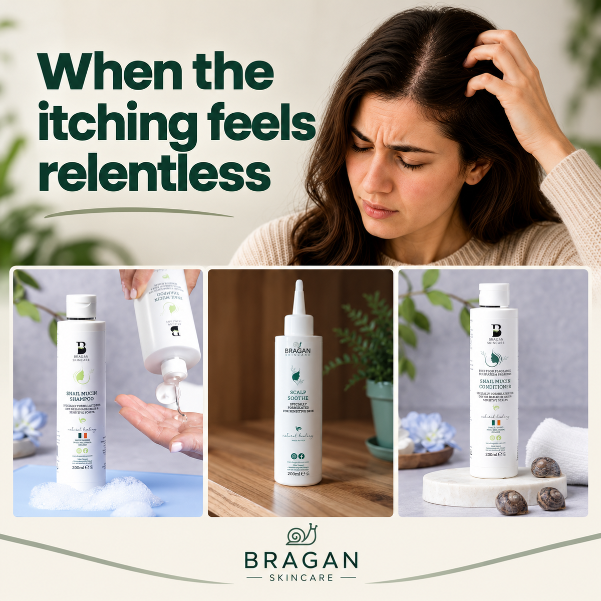 Woman experiencing an itchy scalp above Bragan Skincare Shampoo, Scalp Soothe and Conditioner for sensitive scalps.