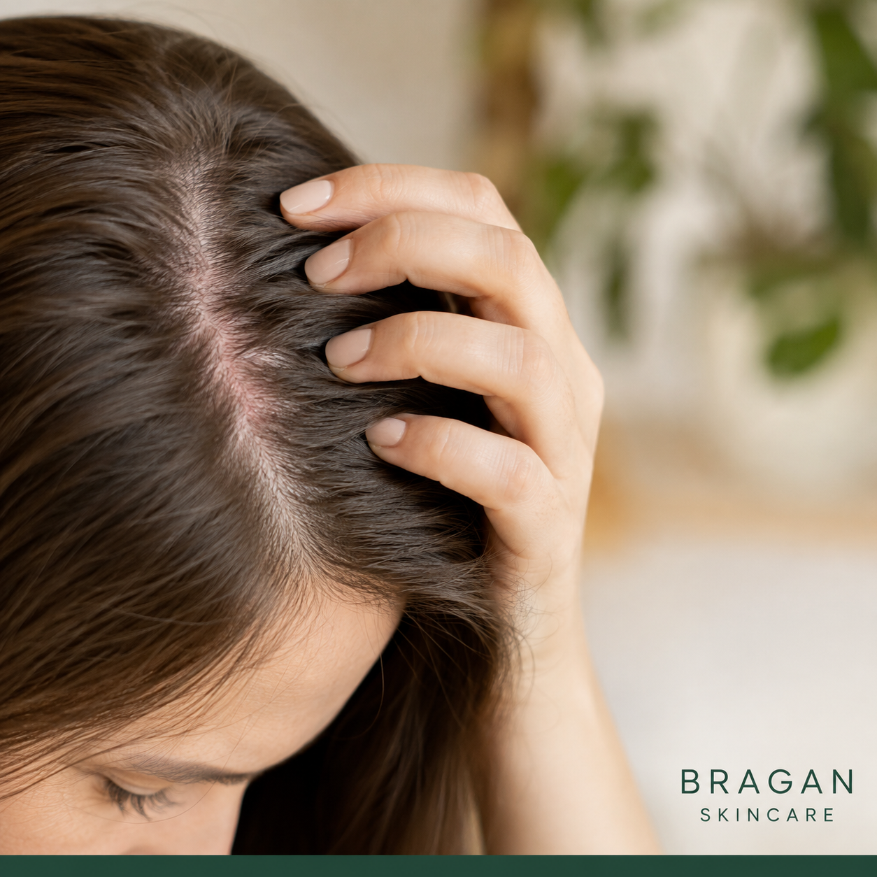 Woman gently parting her brown hair to reveal her scalp, with Bragan Skincare branding in the corner.