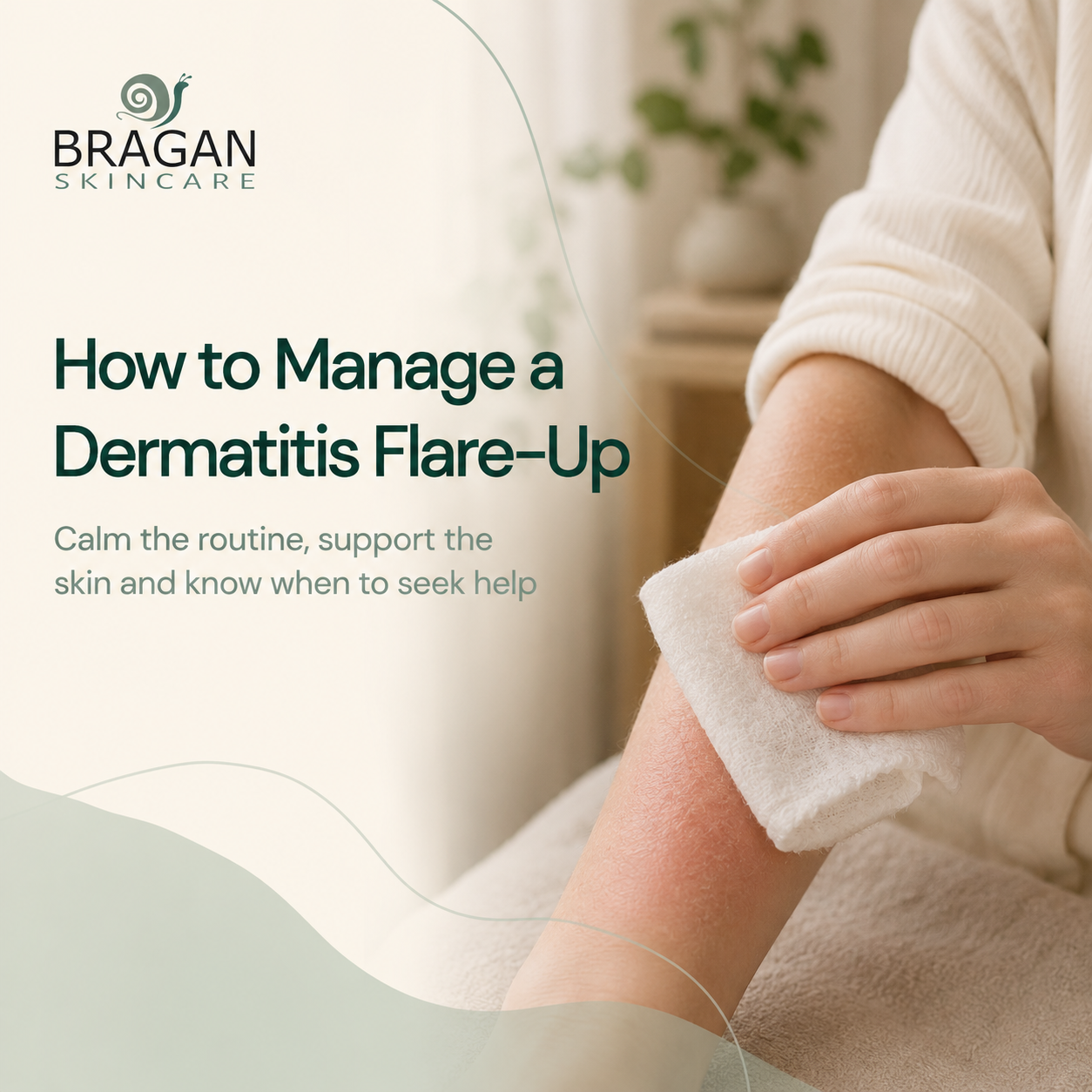 Person using a cool compress to comfort dry, irritated skin during a dermatitis flare-up.
