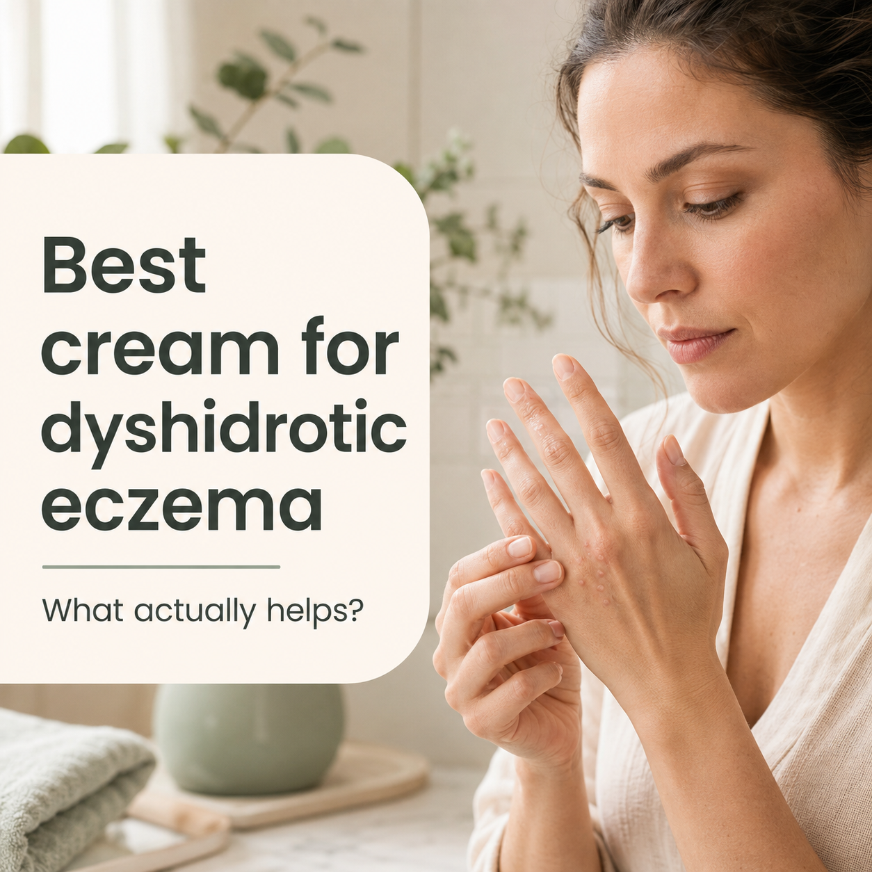 Adult examining dyshidrotic eczema blisters while looking for a suitable moisturising cream.