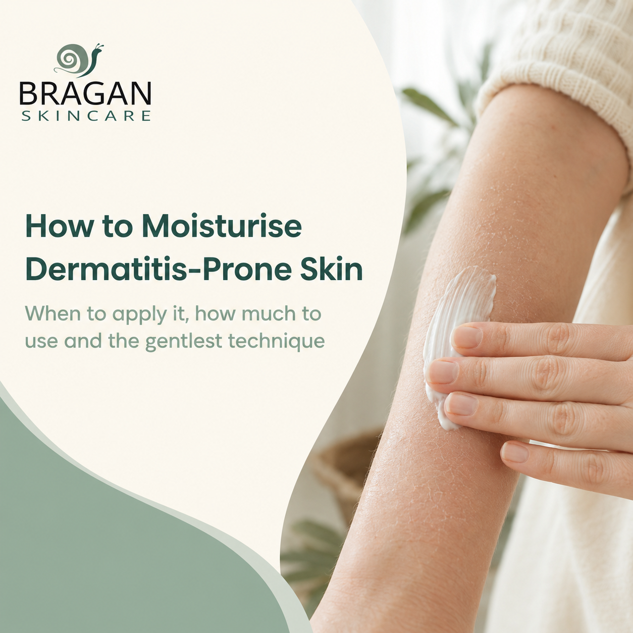 Person gently applying moisturiser to dry, dermatitis-prone skin using smooth downward strokes.