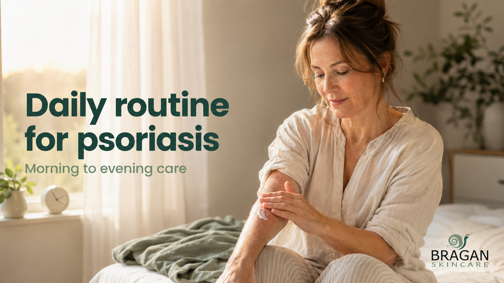 Woman applying moisturiser to her arm as part of a daily skincare routine for psoriasis-prone skin. 