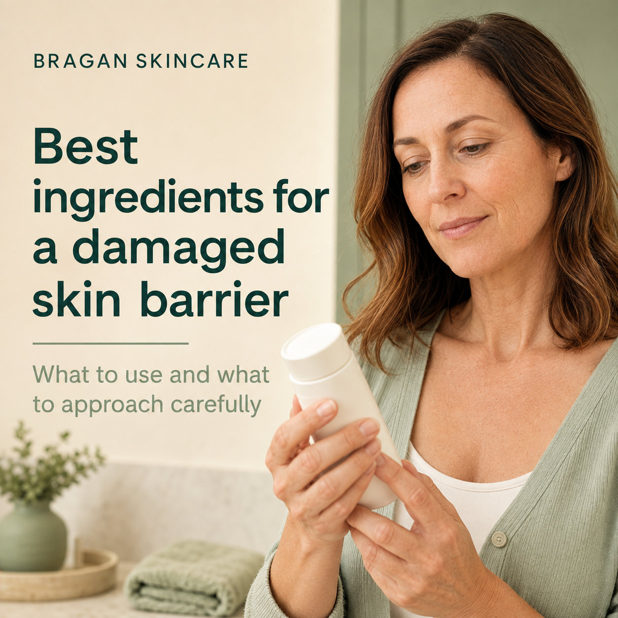 Woman reading a skincare ingredient label while choosing products for a damaged skin barrier