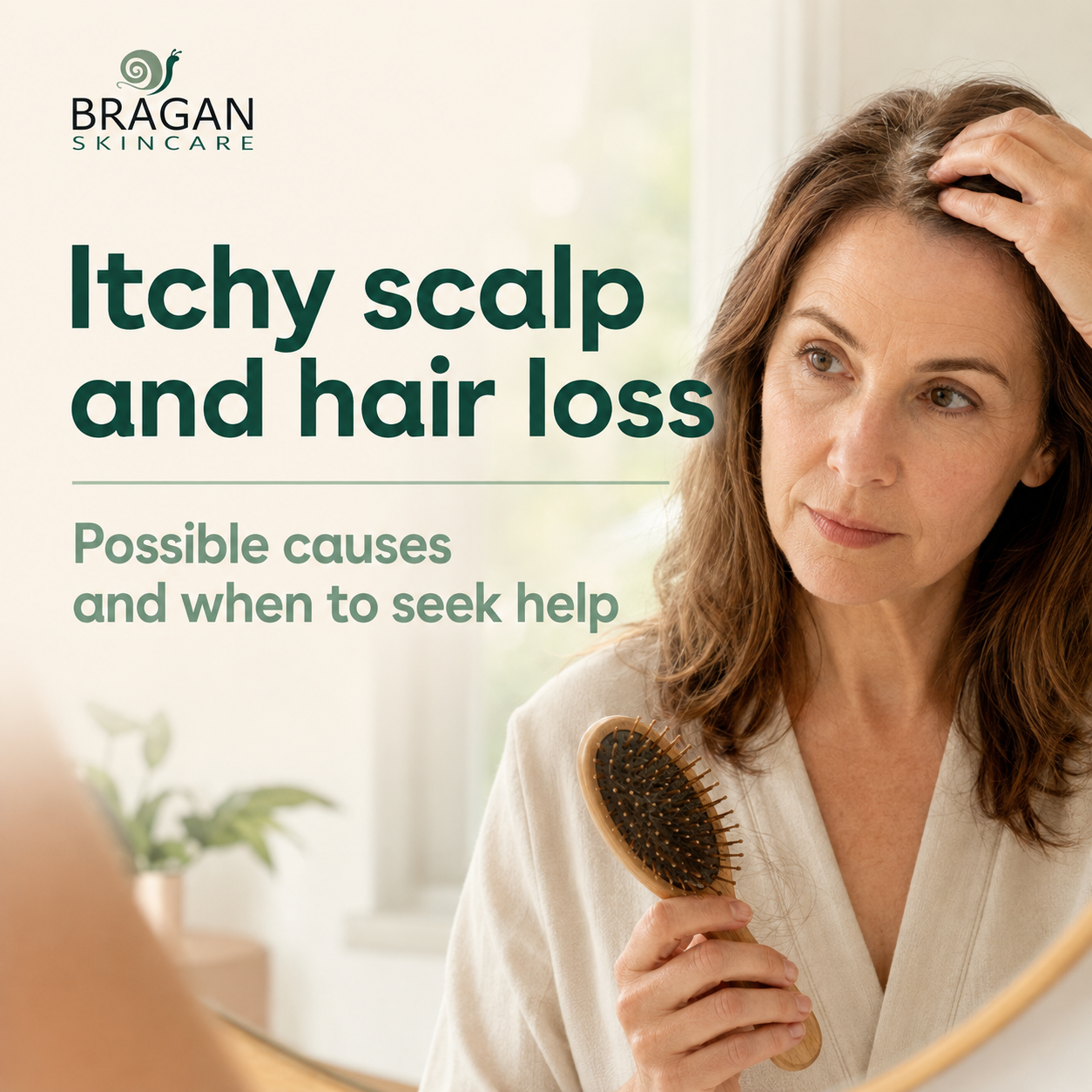 Woman examining her itchy scalp and hairbrush after noticing increased hair shedding.