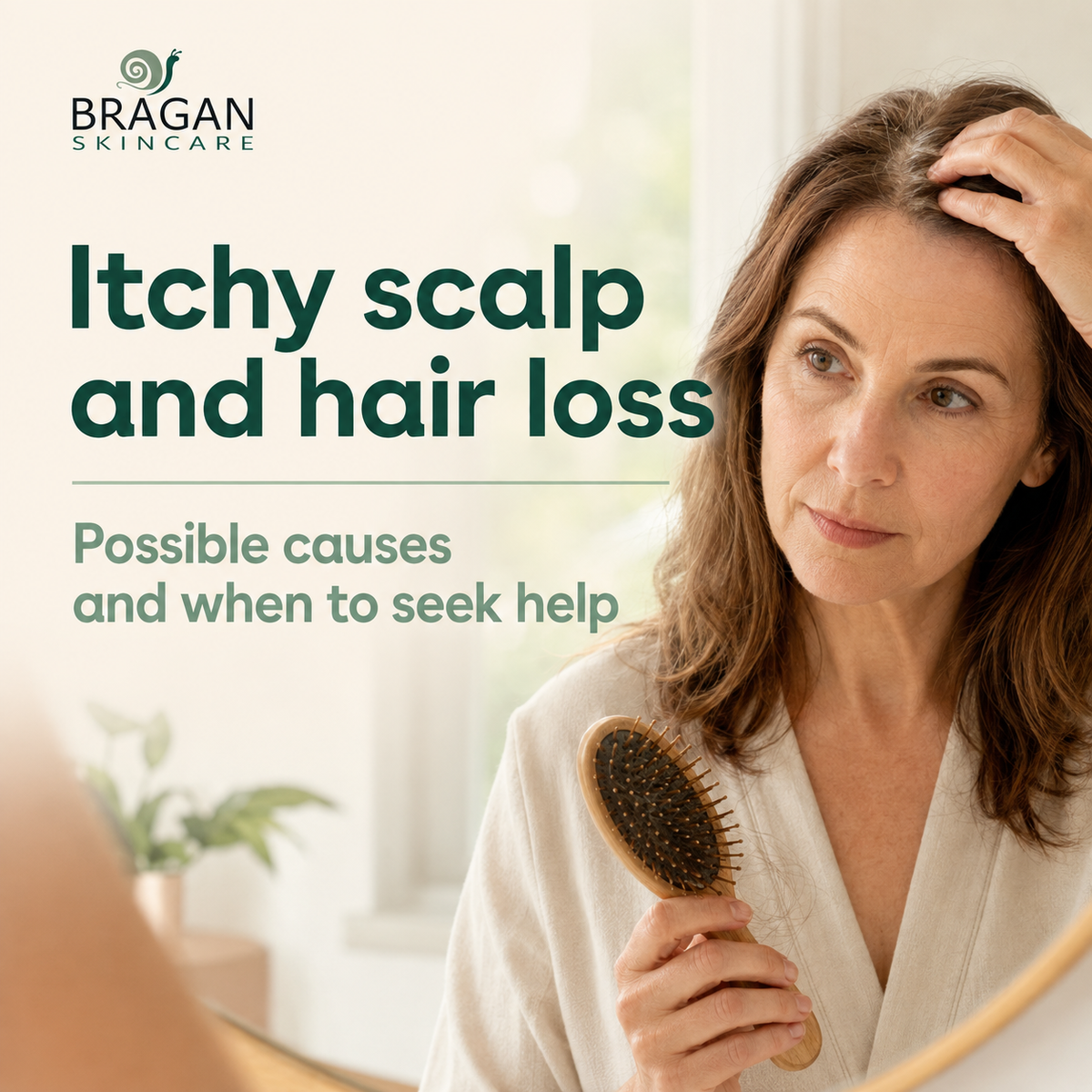 Woman examining her itchy scalp and hairbrush after noticing increased hair shedding.