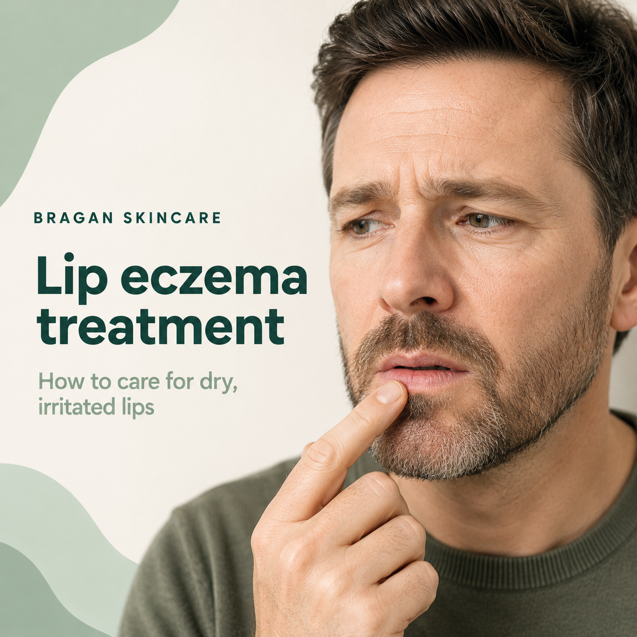 Man examining his dry, irritated lip in Bragan Skincare’s lip eczema treatment guide.