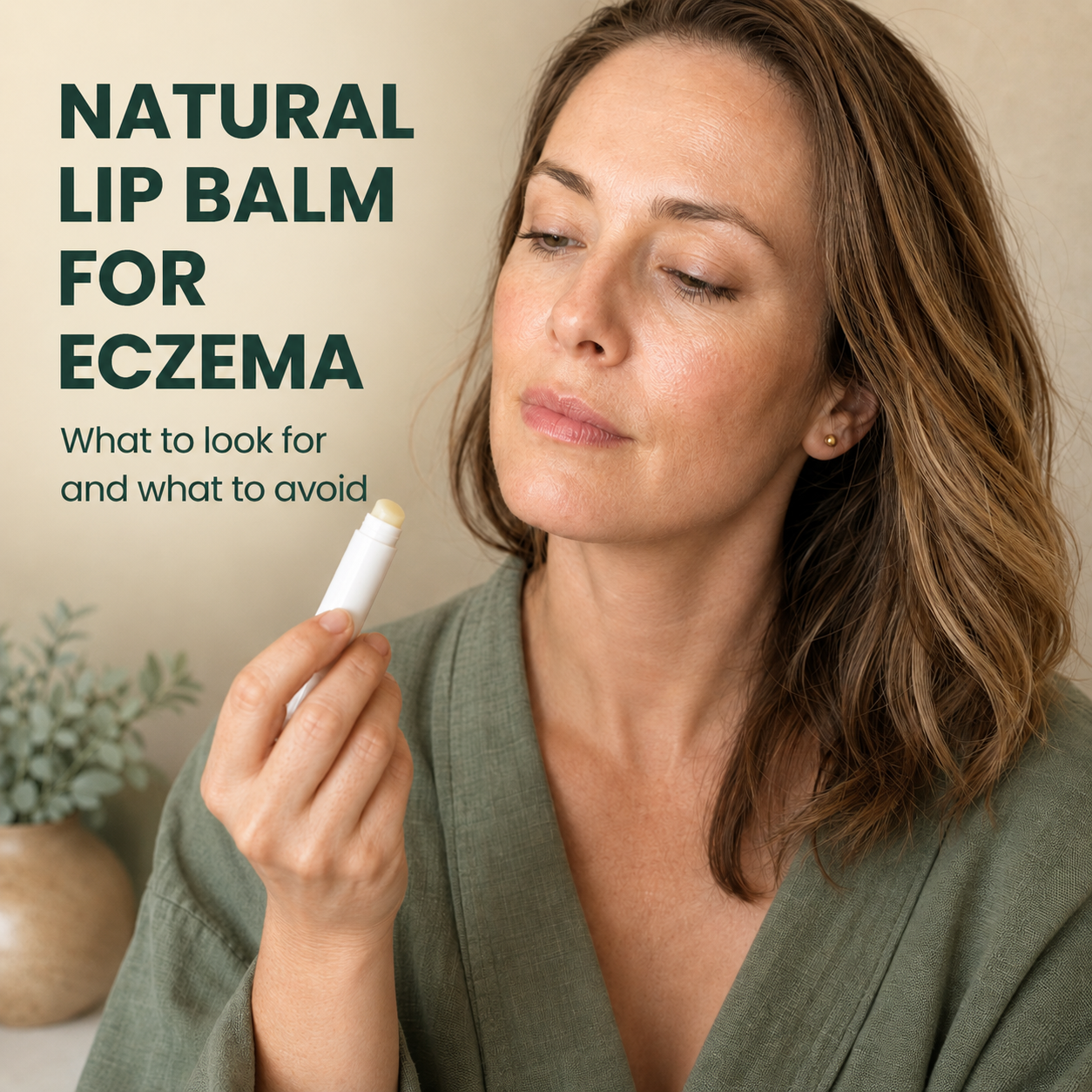 Woman examining a lip balm beside the words Natural Lip Balm for Eczema – what to look for and what to avoid.