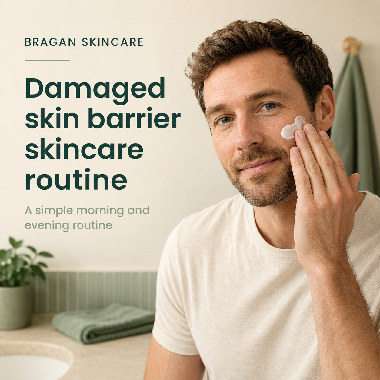 Man gently applying moisturiser as part of a damaged skin barrier skincare routine