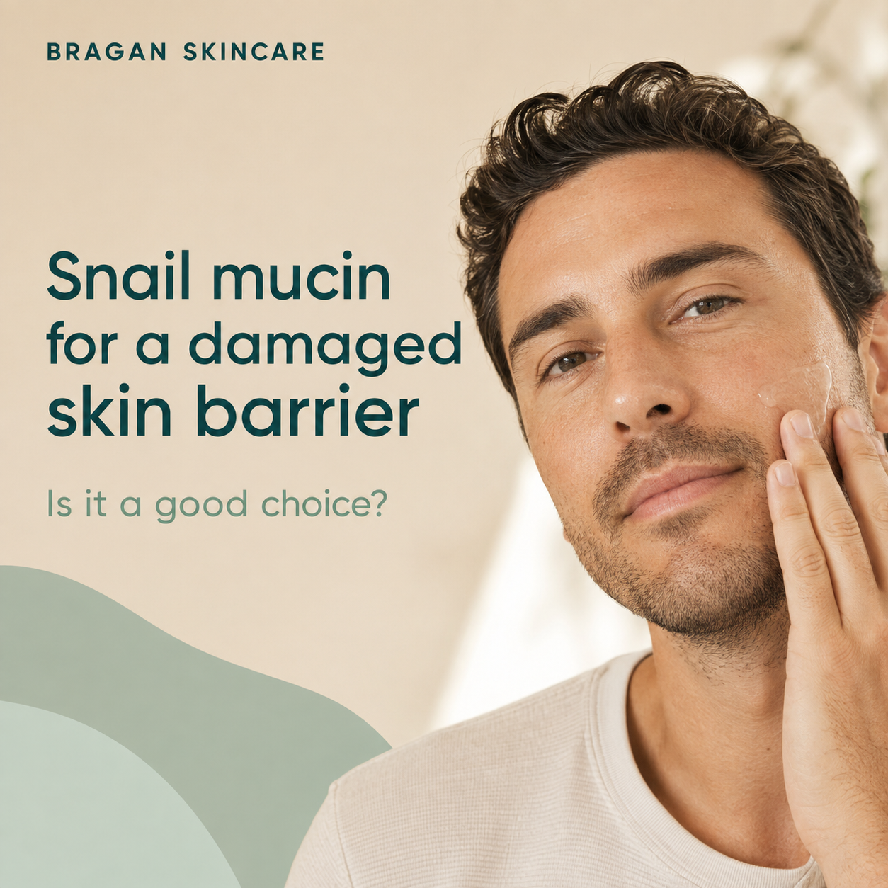 Man gently applying a lightweight serum while learning about snail mucin for a damaged skin barrier.