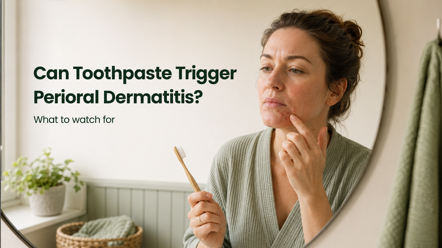 Woman holding a toothbrush while examining perioral dermatitis around her mouth and chin.