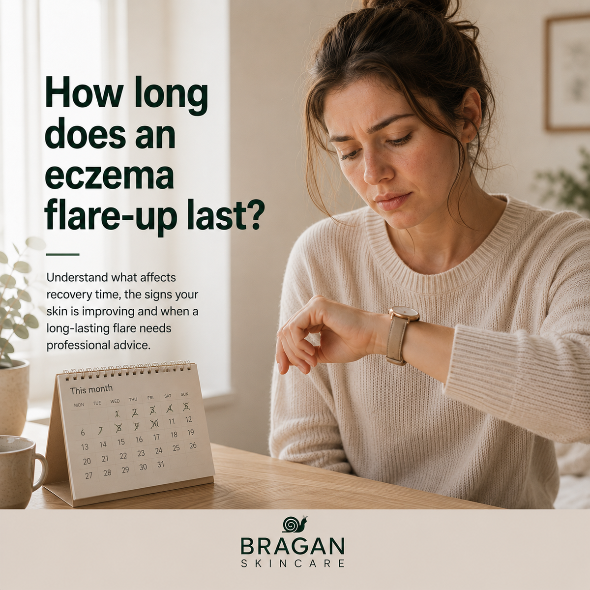Woman checking her wristwatch beside a calendar with crossed-off days, illustrating how long an eczema flare-up may take to settle.