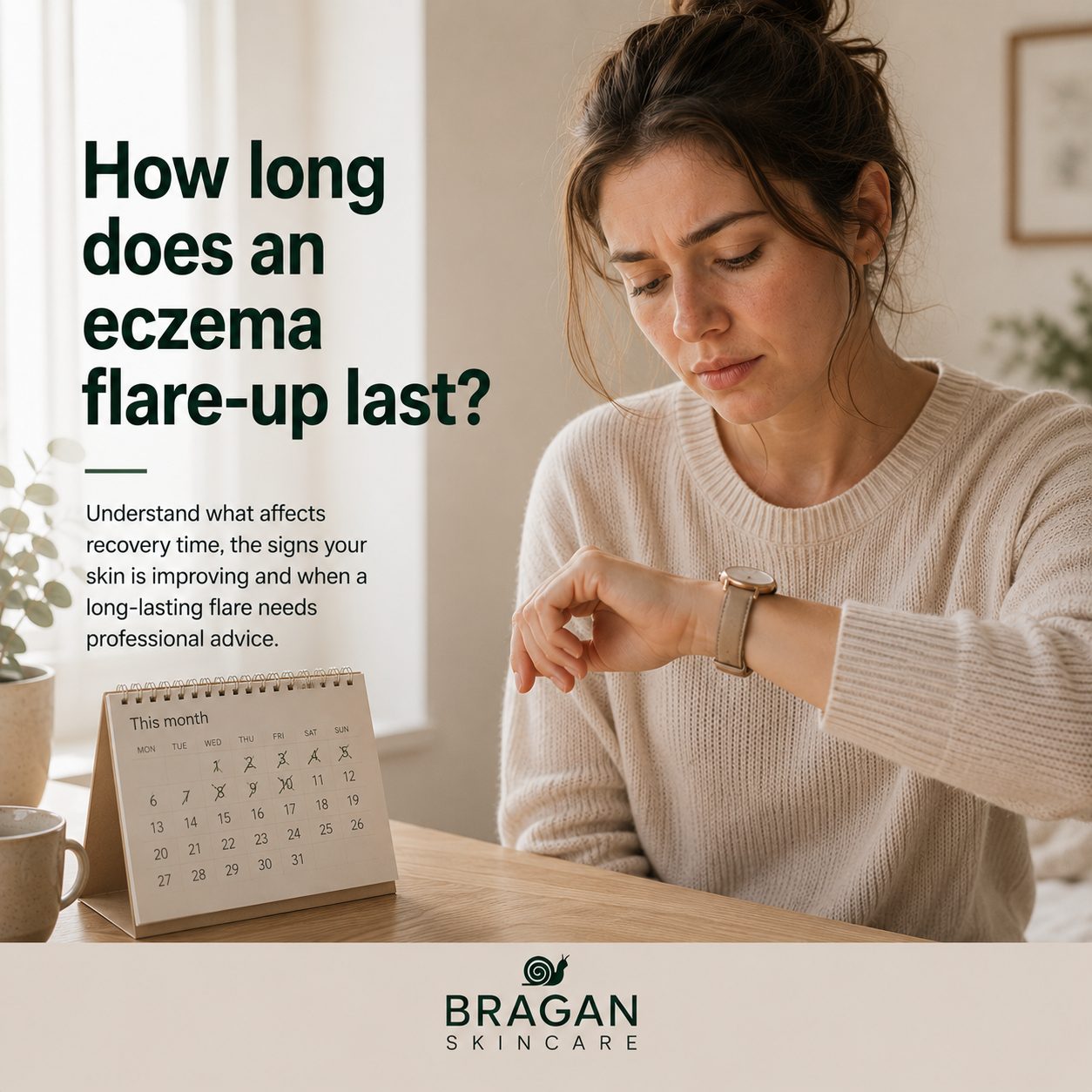 Woman checking her wristwatch beside a calendar with crossed-off days, illustrating how long an eczema flare-up may take to settle.