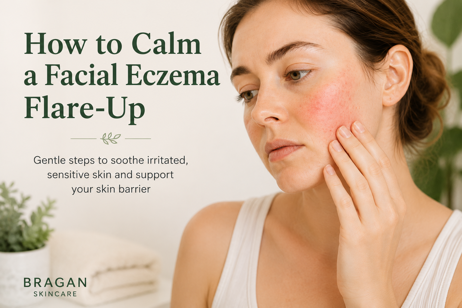 Woman with a facial eczema flare-up gently touching irritated cheek skin