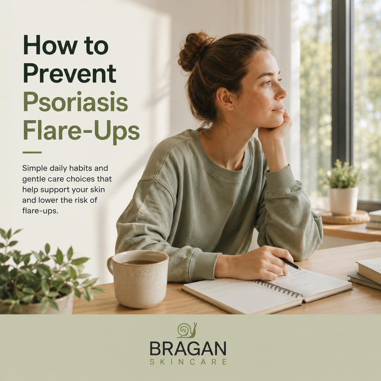 Woman keeping a simple daily journal as part of a consistent routine, illustrating everyday habits that may help identify triggers and reduce psoriasis flare-ups.