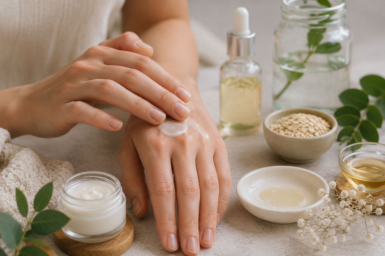 A calming skincare scene showing moisturiser and snail mucin-inspired skincare alongside gently hydrated hands, illustrating natural ways to support the skin barrier and restore dry, sensitive skin.