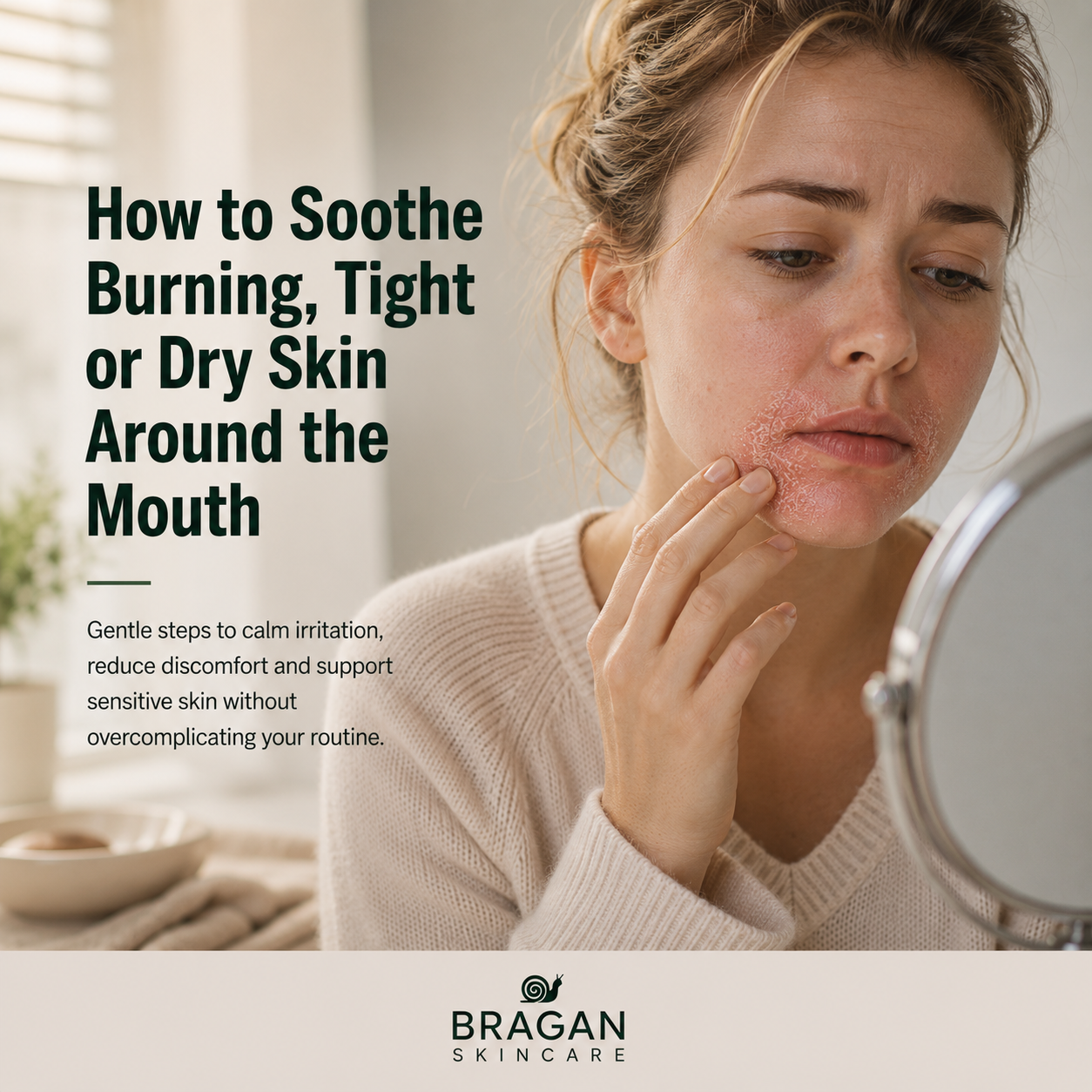 Woman examining visibly dry, flaky and irritated skin around her mouth in a mirror, illustrating burning, tight and dry skin around the mouth.