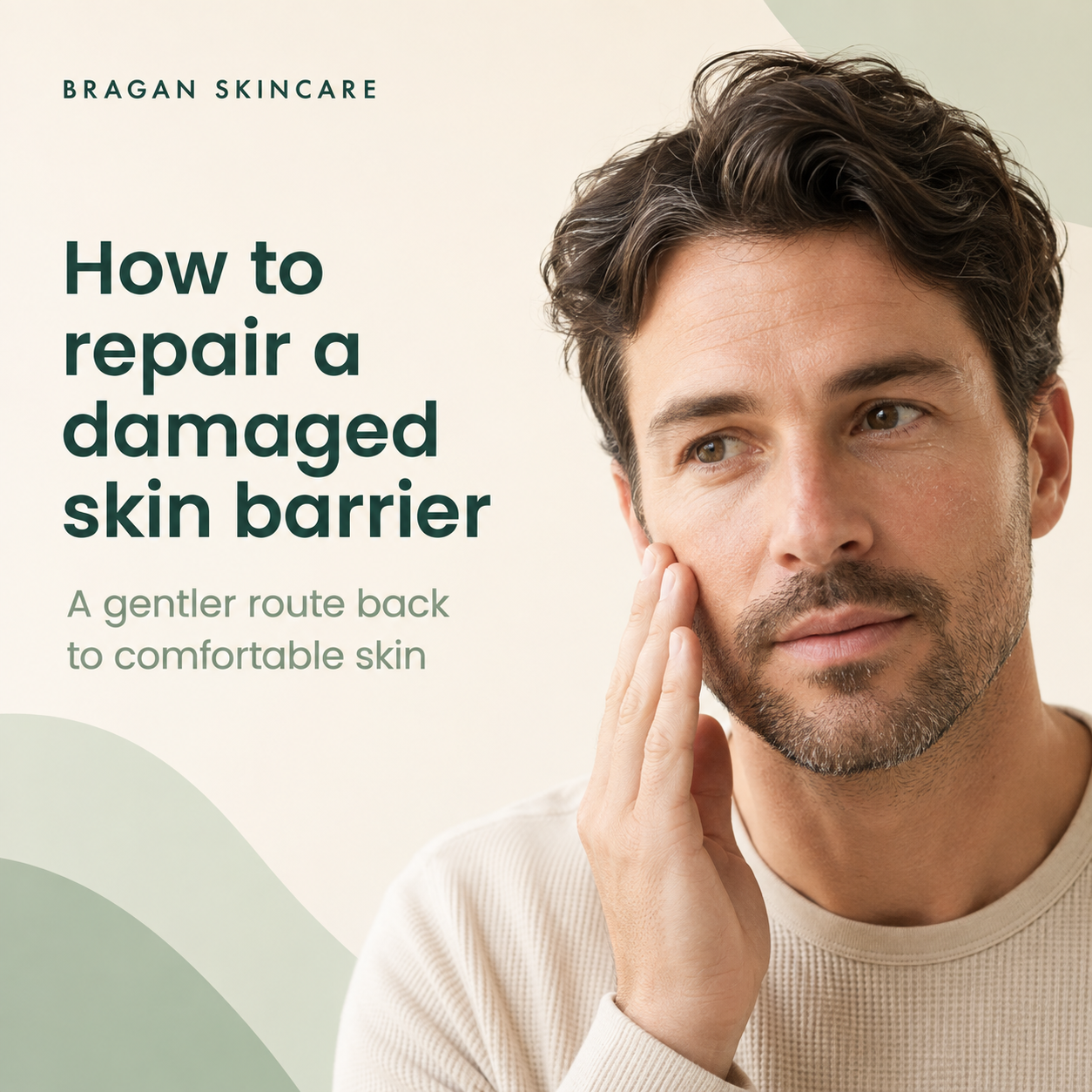Man gently touching his cheek while learning how to repair a damaged skin barrier.