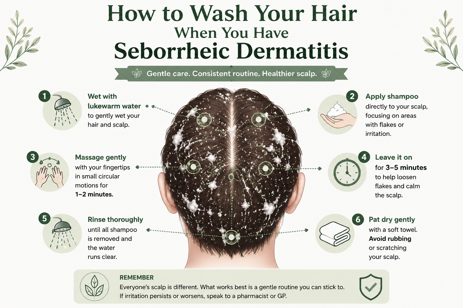 Infographic explaining how to wash your hair with seborrheic dermatitis using a gentle shampoo routine to help reduce an itchy scalp, flaky skin, irritation, and scalp discomfort.