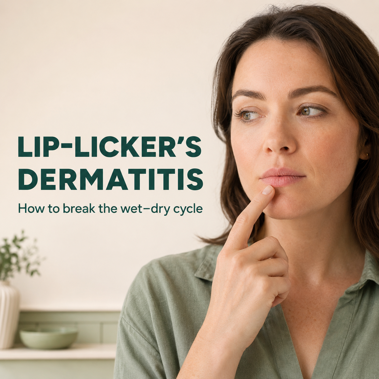 Woman noticing the urge to touch her dry lips beside the words Lip-Licker’s Dermatitis: how to break the wet–dry cycle.
