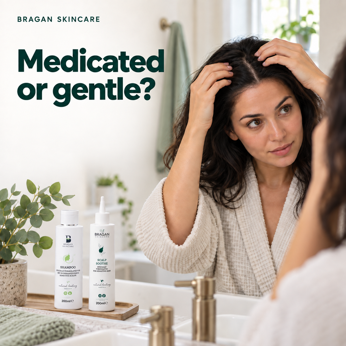 Woman checking her scalp beside Bragan Sensitive Scalp Shampoo and Scalp Soothe