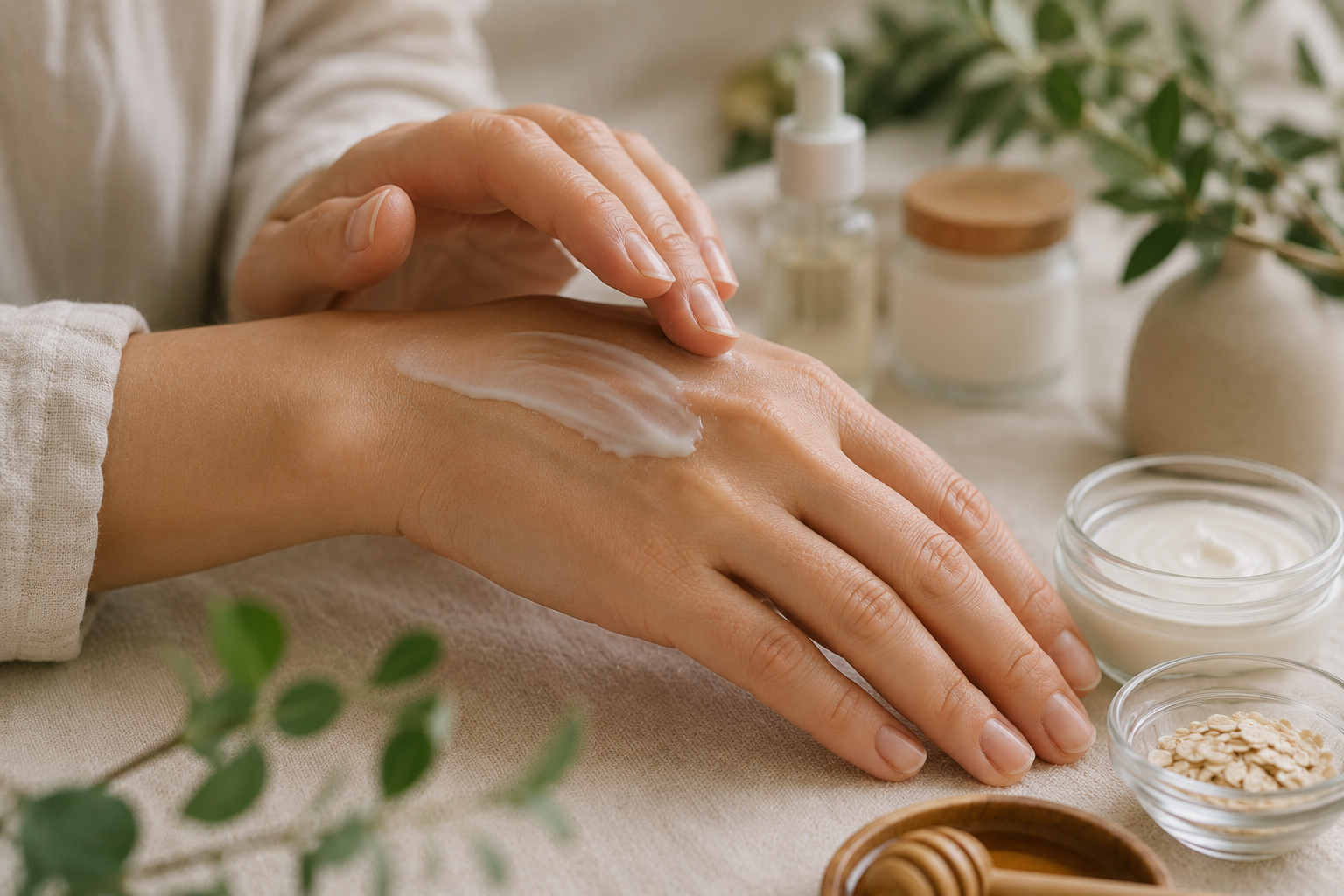 A close-up of moisturiser being gently applied to dry skin alongside simple, natural skincare items, illustrating a gentle approach to supporting the skin barrier and soothing eczema-prone skin.