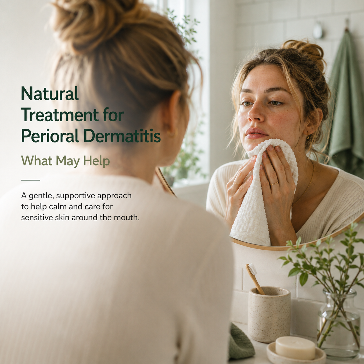 Woman gently patting the skin around her mouth with a soft towel while looking in a bathroom mirror, illustrating natural supportive care for perioral dermatitis.