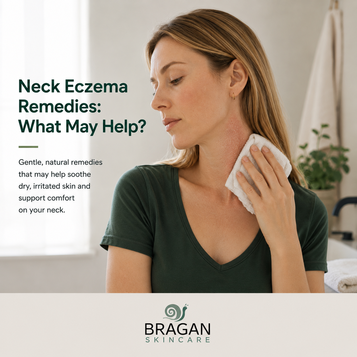 Woman applying a cool soft cloth to visible eczema irritation on her neck, illustrating gentle remedies that may help soothe dry and uncomfortable skin.