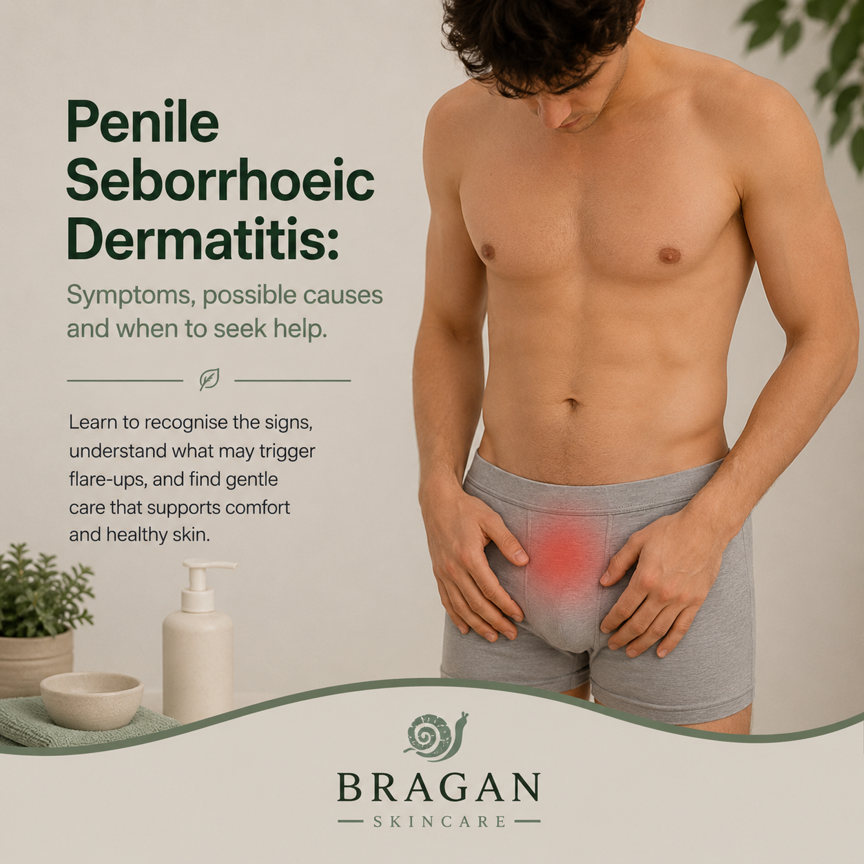 Man experiencing irritation in the genital area illustrating penile seborrhoeic dermatitis symptoms, possible causes and when to seek medical help
