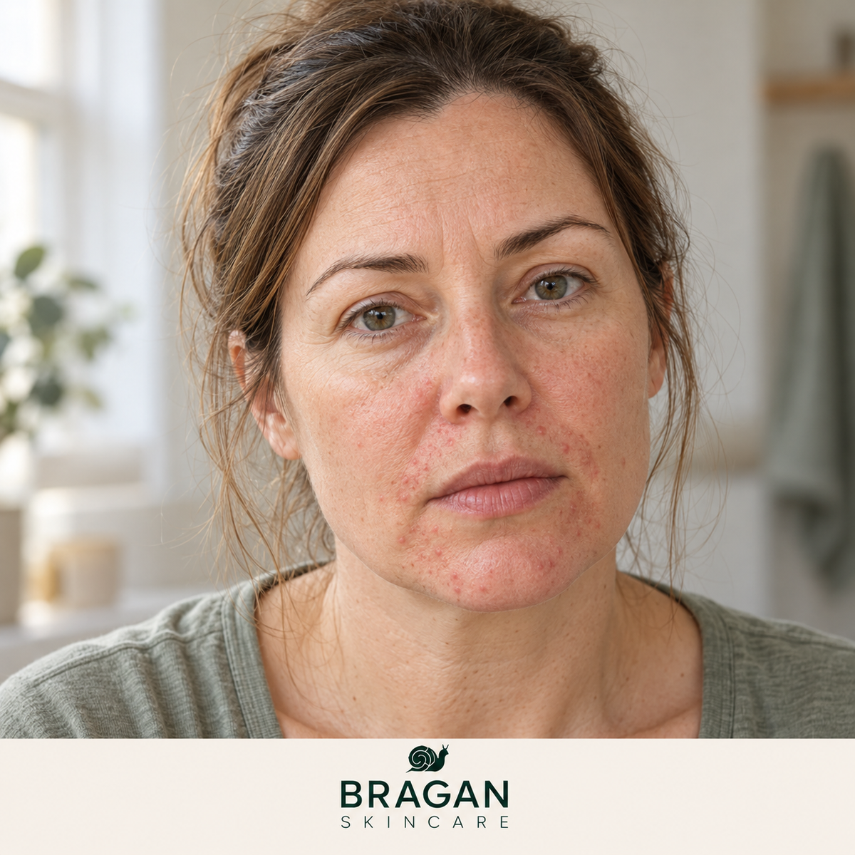 Illustrative portrait of a woman with small red bumps and irritation around her mouth and chin, with Bragan Skincare branding.