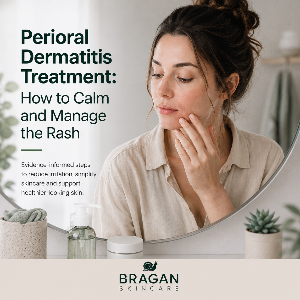 Woman examining small red bumps and mild irritation around her mouth and chin in a bathroom mirror, illustrating perioral dermatitis treatment and care.