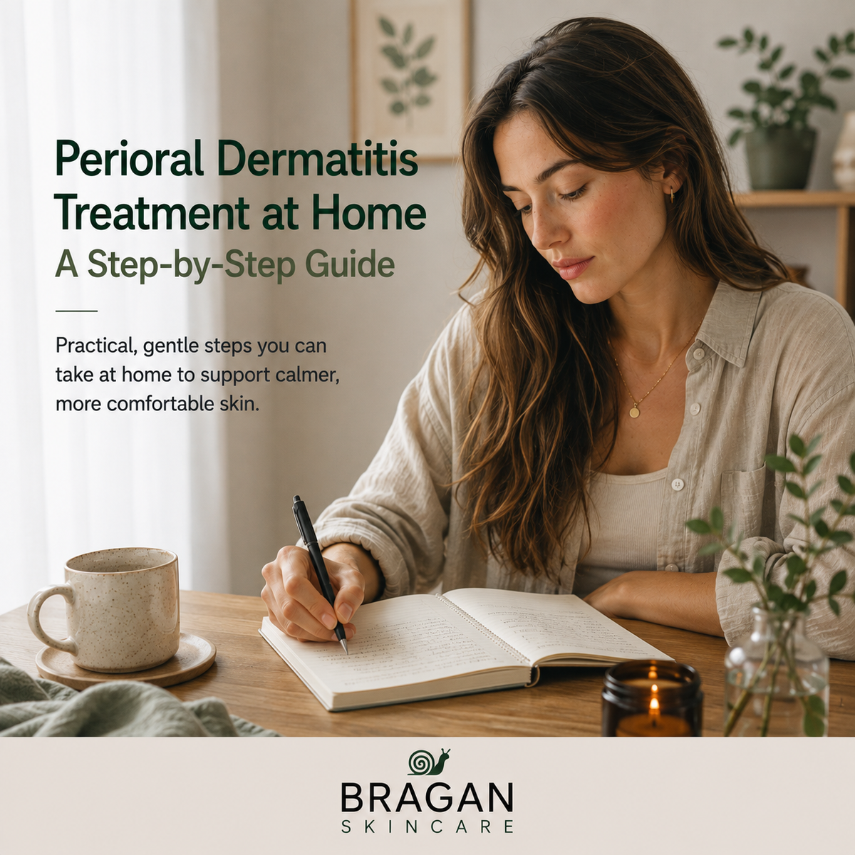 Woman with long dark hair writing in a skincare journal at home, illustrating a step-by-step approach to managing perioral dermatitis.