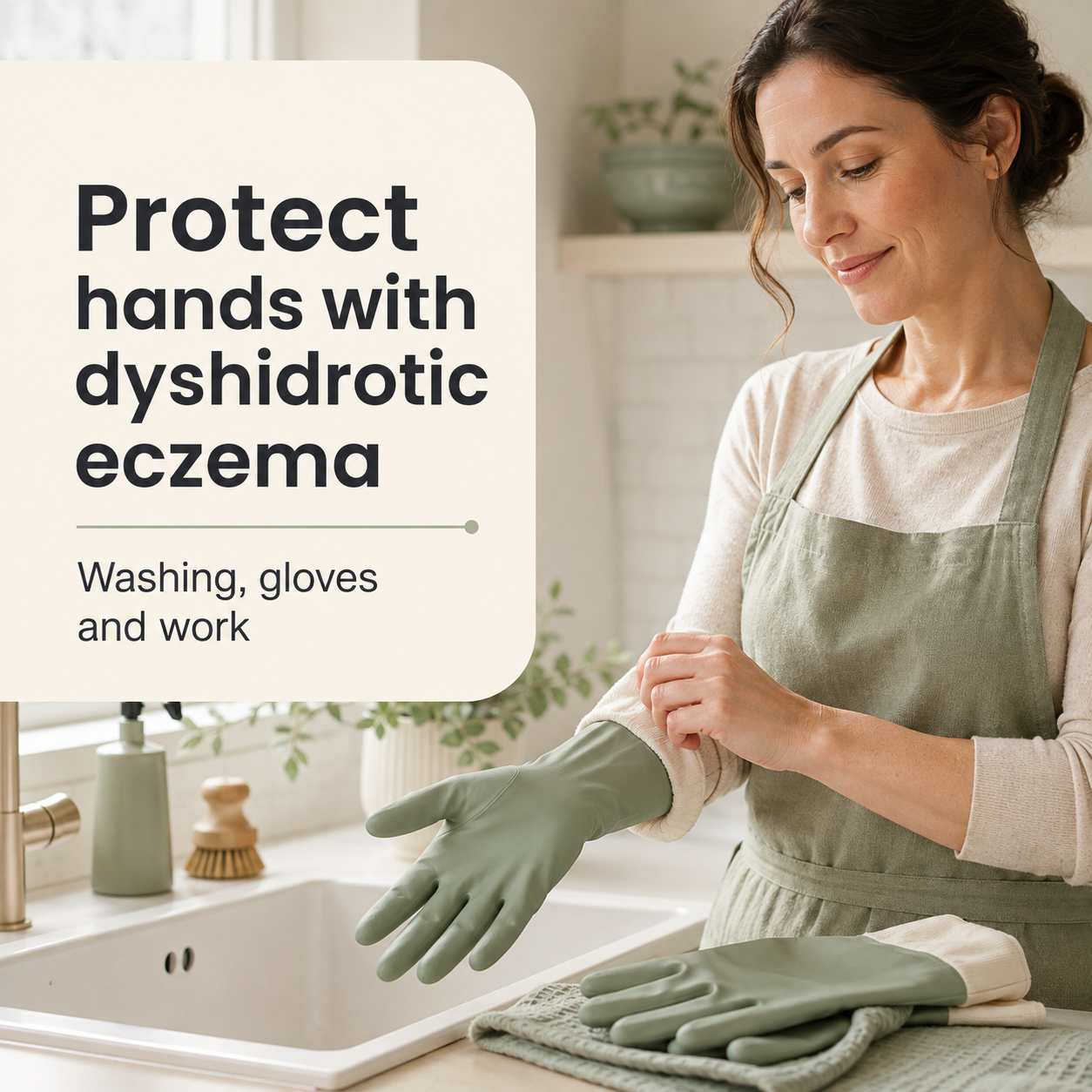Woman putting on protective gloves before wet work to help protect hands affected by dyshidrotic eczema.