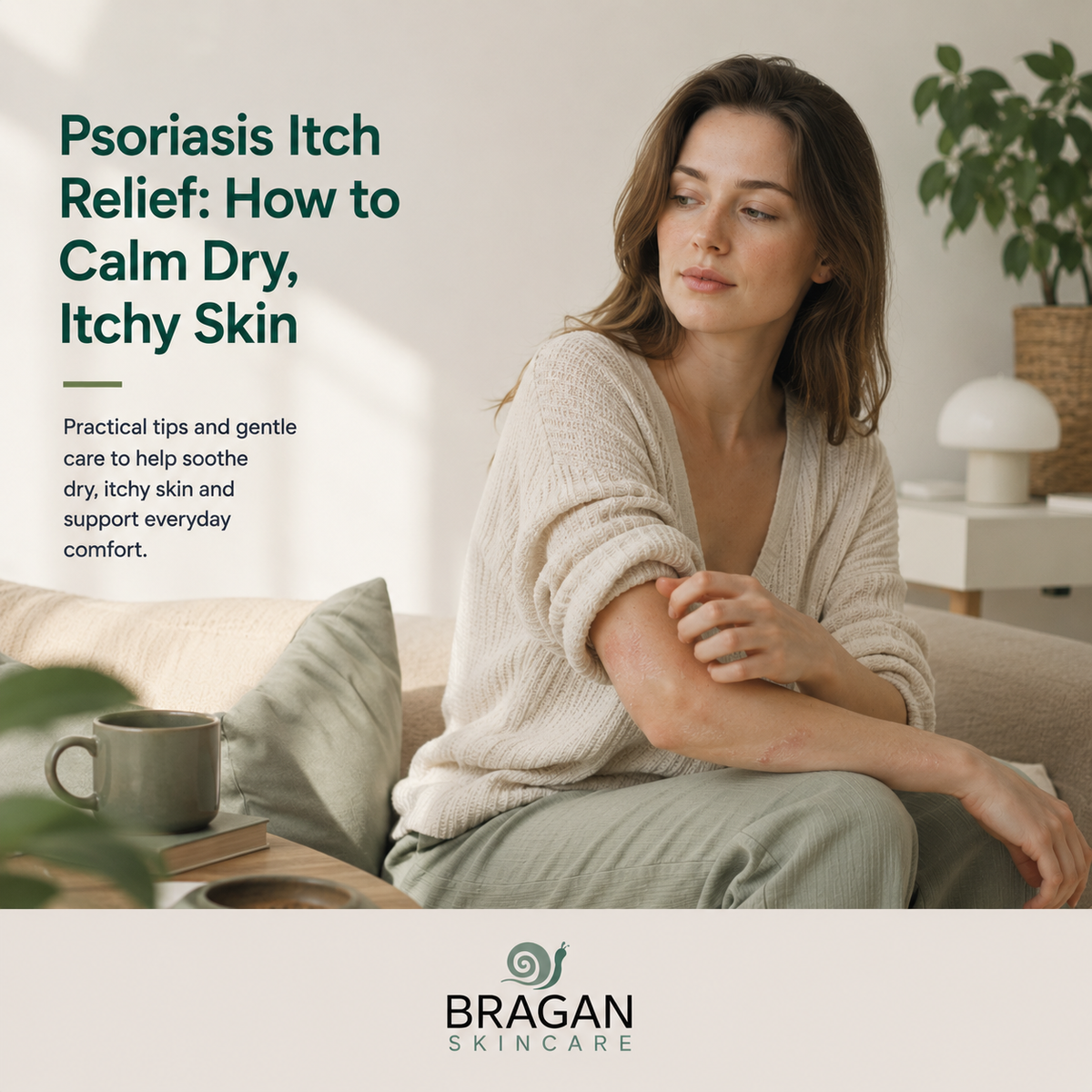 Woman experiencing itching from mild dry psoriasis on her arm, illustrating ways to calm itchy skin and support everyday comfort.
