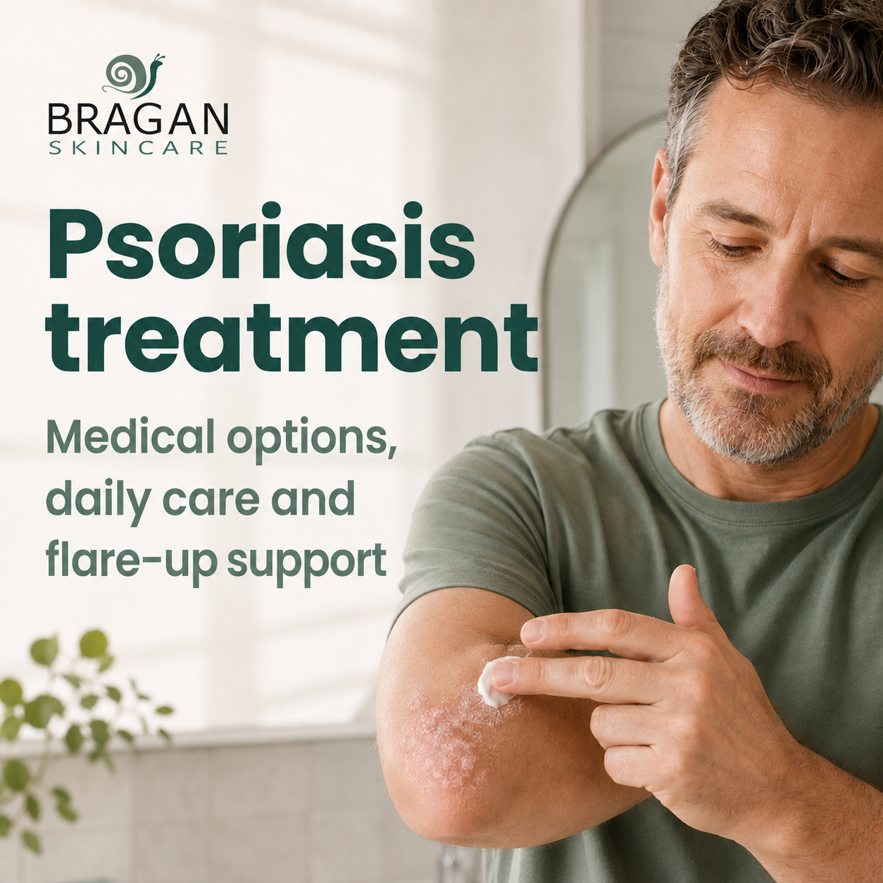 Man applying moisturising cream to psoriasis on his elbow as part of a daily psoriasis treatment and skincare routine.