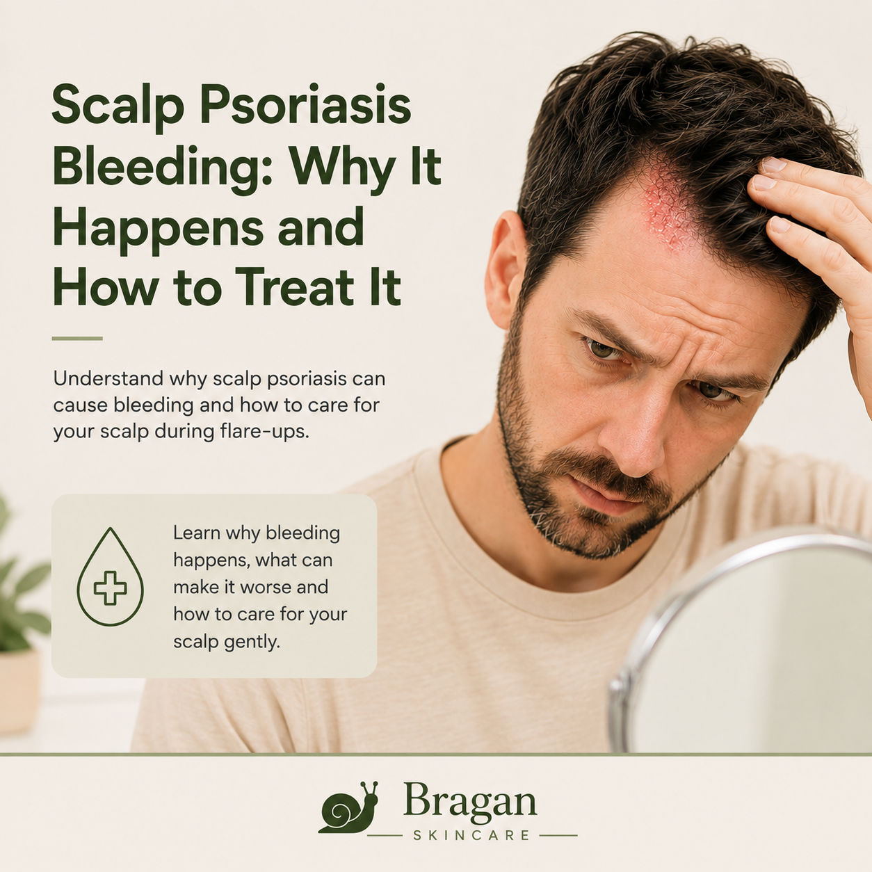 Man examining a bleeding scalp psoriasis plaque in a mirror, illustrating how cracked scalp plaques can bleed during flare-ups and why gentle scalp care is important for recovery