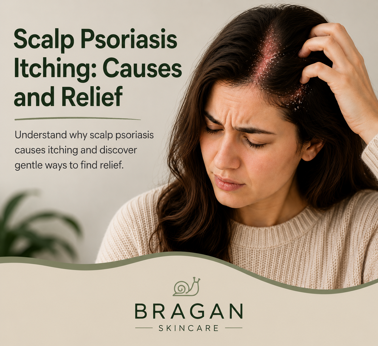 A woman parting her hair to reveal the redness and flaking often associated with itchy scalp psoriasis