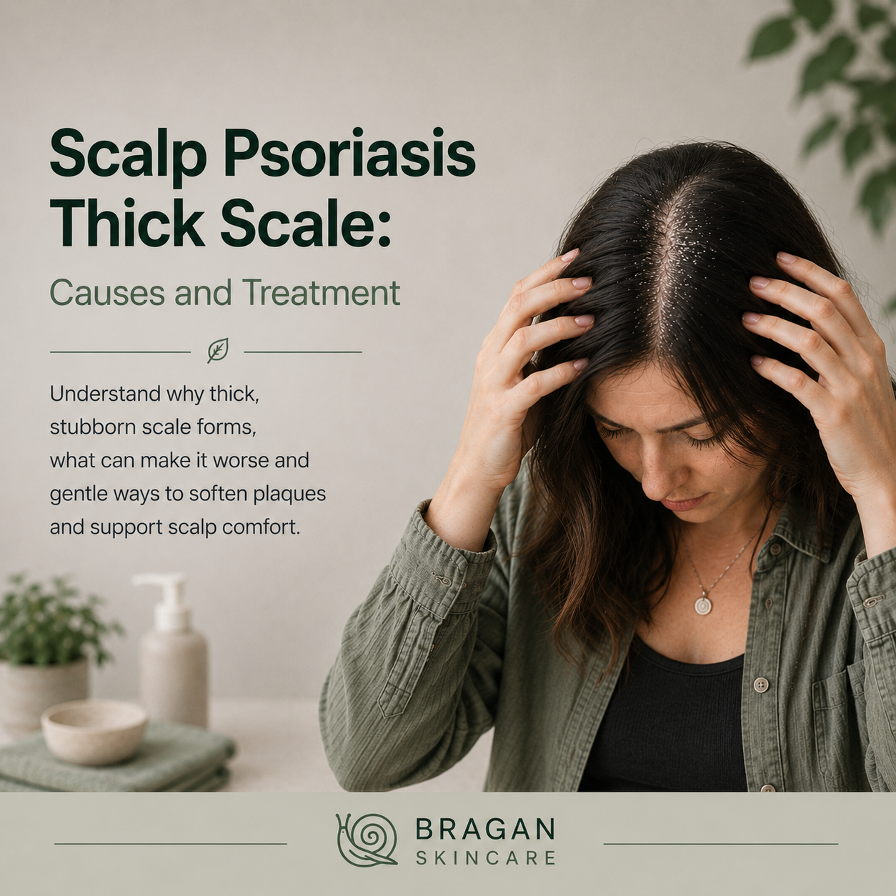 Woman parting her dark hair to reveal thick, silvery scalp psoriasis plaques, illustrating stubborn scale build-up and gentle ways to support scalp comfort.