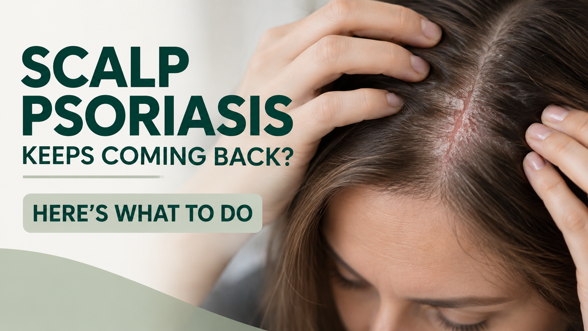 Woman parting her hair to show scalp psoriasis with redness and thick flaky scale during a recurring flare-up