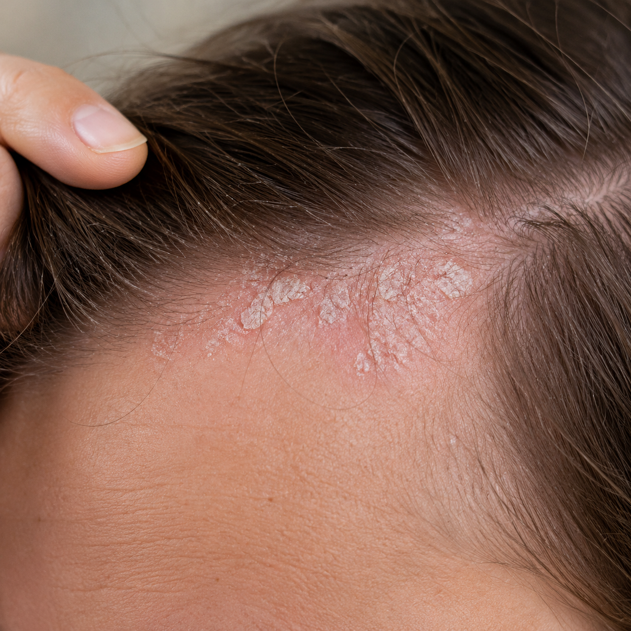 Scalp psoriasis affecting the hairline, illustrating inflammation and scaling that may contribute to temporary hair shedding.