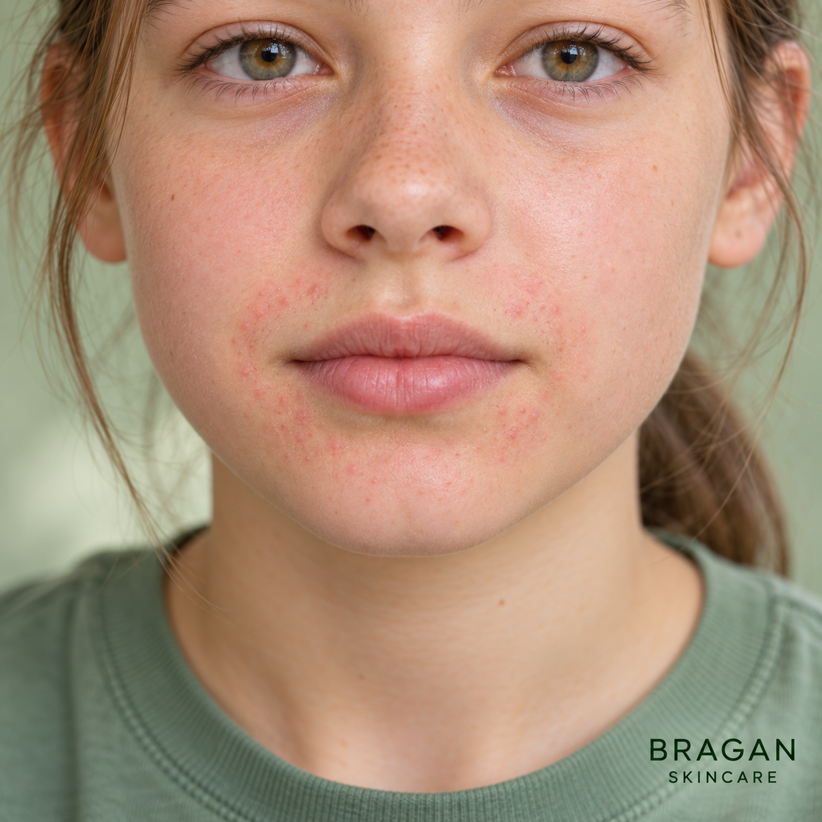 Young person with mild redness and small bumps around the mouth and chin, illustrating perioral dermatitis.