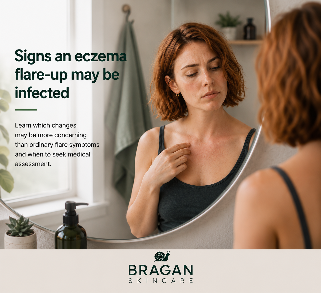 Woman with short red hair examining mild redness and irritation on her upper chest in a bathroom mirror, illustrating possible signs of an infected eczema flare-up.