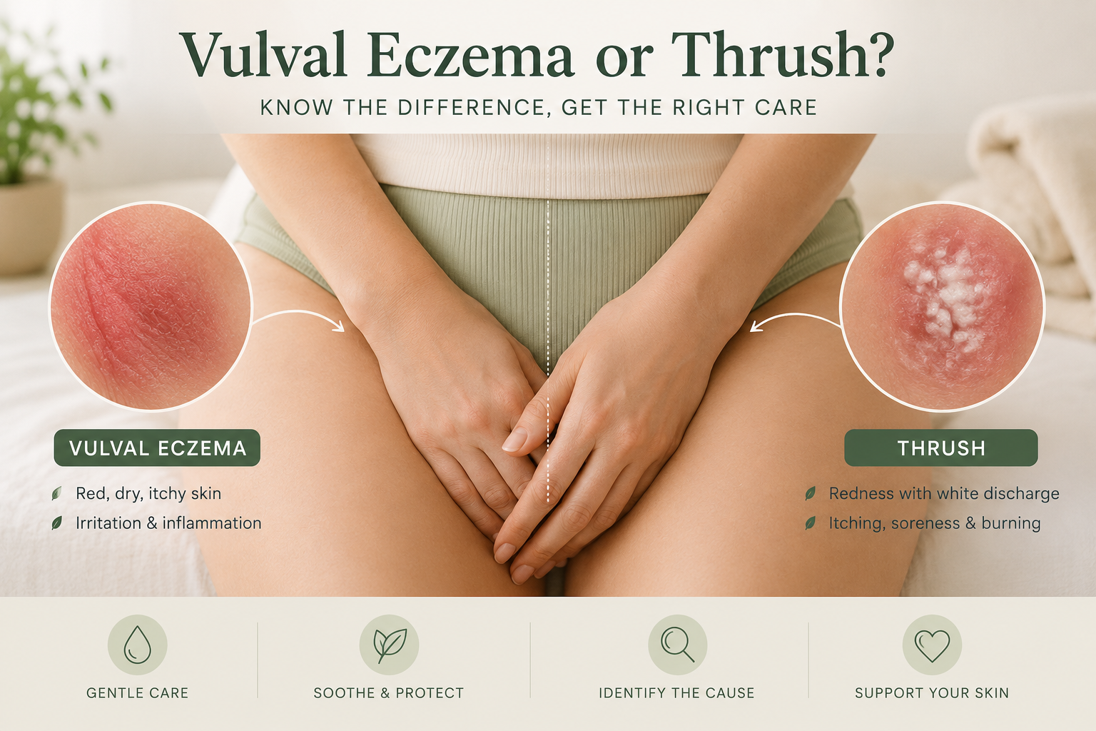 A side-by-side comparison illustrating the differences between vulval eczema and thrush, highlighting how the two conditions can appear similar while having different underlying causes and skin changes.
